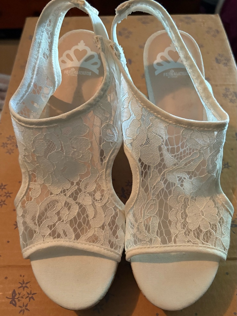 Fergalicious White Lace Wedge Sandals